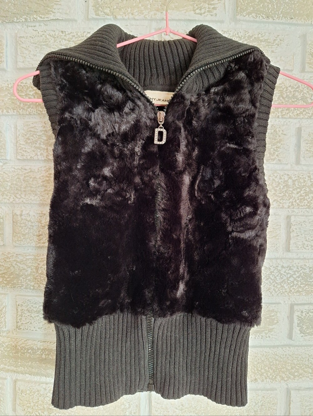 Y2K DKNY Black Faux Fur Vest with Rhinestone Zip Pull - Womens XS Grunge Alt Y2K